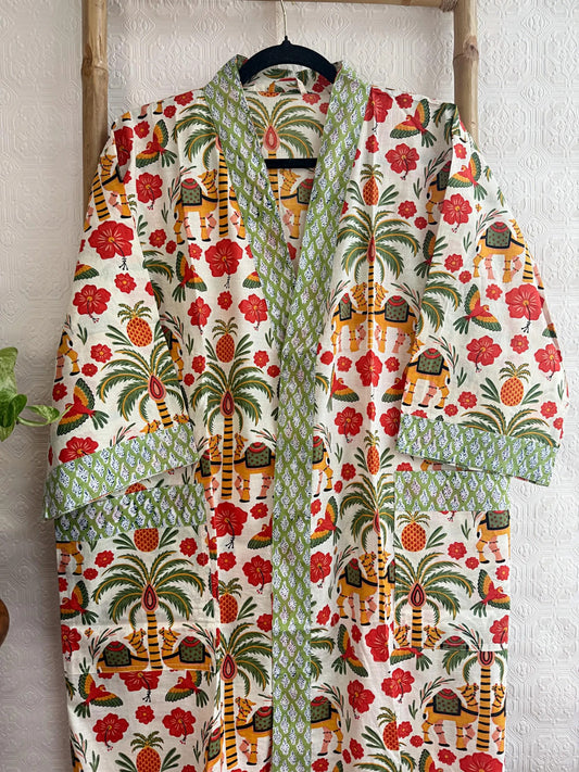 Pure Cotton Handprinted House Robe Summer Kimono | Floral Beach |Quirky Spring White Red