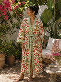 Pure Cotton Handprinted House Robe Summer Kimono | Floral Beach |Quirky Spring White Red
