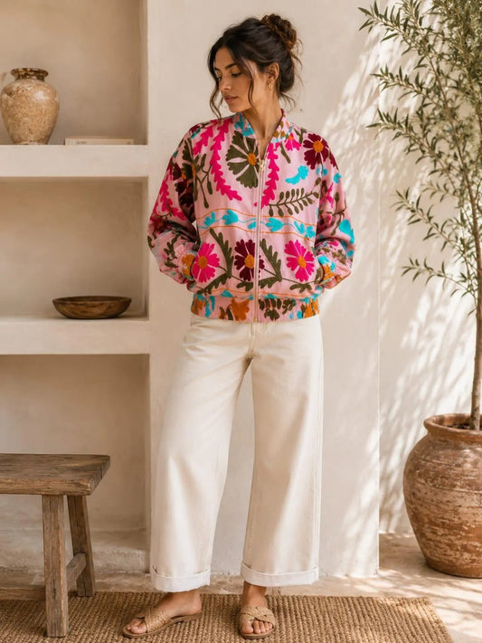 Pink Embroidery Suzani Boho Bomber Jacket Quirky Floral Layer