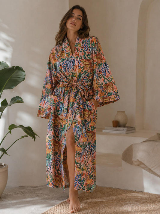 Pure Cotton Indian Block printed House Robe Summer Kimono | Floral Beach Coverup/Comfy Maternity Peach Animal Safari Jungle Zebra Tiger