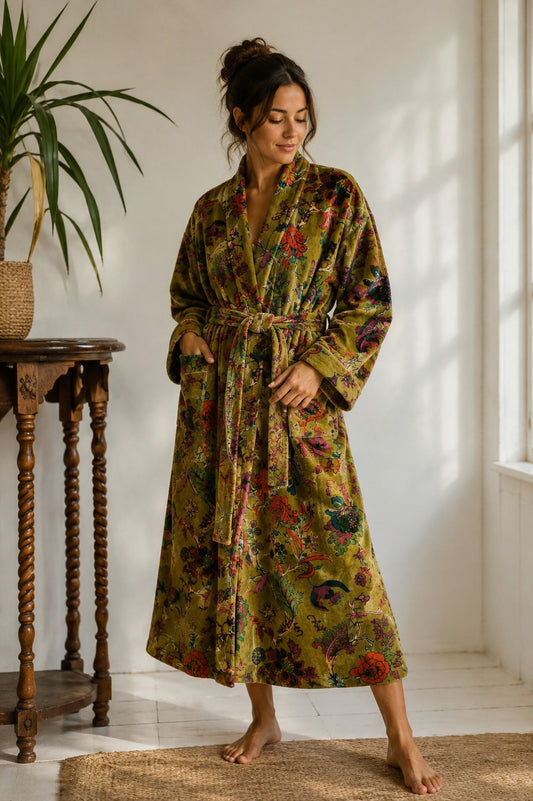 Luxury Velvet House Robe Unisex Kimono Elegant Fire Heena green Passion