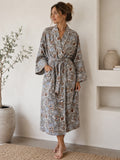 Pure Cotton Handprinted House Robe Summer Kimono | Floral Beach Coverup/Comfy Maternity Mom | Monochromatic Grey White Rust Botanical Floral