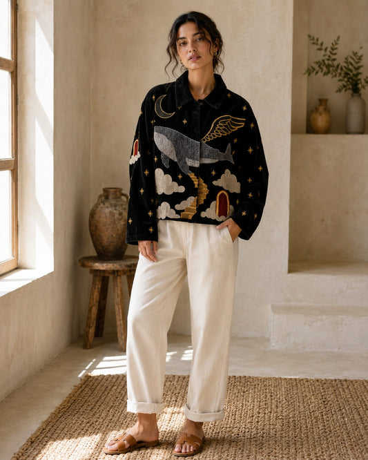 Luxury Embroidered Velvet Dreamscape Whale Jacket