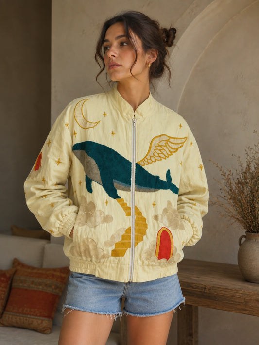 Luxury Velvet Towel Whale Embroidery Bomber Jacket