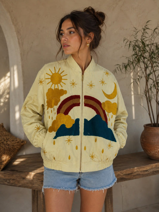 Luxury Velvet Rainbow Bomber Embroidered Boho Bomber Jacket