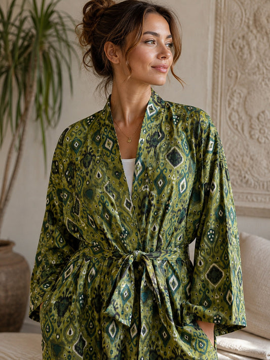 Pure Cotton Block printed Eco-fashion Olive Green Black Ikat Diamond