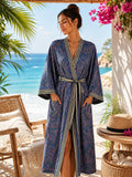 Pure Cotton Handprinted House Robe Tropical Kimono -Bluish Purple Lovers Paradise Beach Coverup/Comfy Maternity