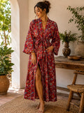 Pure Cotton Bagru Handprinted House Robe Summer Kimono | Floral Beach Coverup/Comfy Maternity Mom | Brick Red Beige Blue Mughal Garden