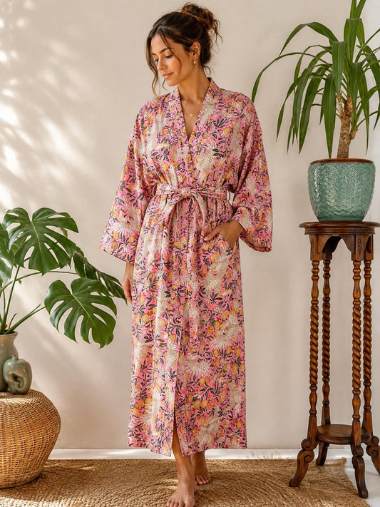 Pure Cotton Block printed Newly Wed Pink Pigeon Quirky Bohemian Exotic Love Bird Fruit