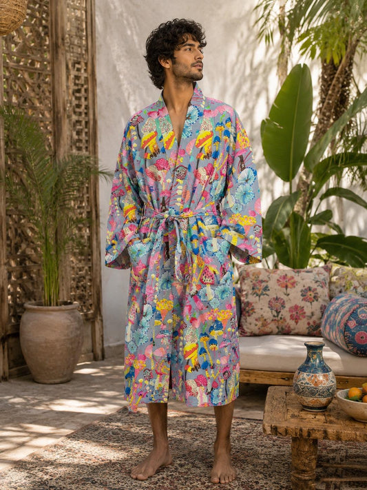 Pure Cotton Block printed Grey mushroom Yellow Bohemian Paradise/Bright Blue Quirky Pink Yellow Festival
