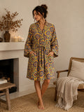 Luxury Velvet House Knee Short Robe Unisex Kimono Boho Jacket Spring Coat | Quirky Autumn Winter Gift Quirky Yellow Geometric