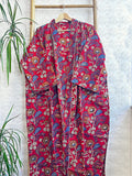 Pure Cotton Bagru Handprinted House Robe Summer Kimono | Floral Beach Coverup/Comfy Maternity Mom | Brick Red Beige Blue Mughal Garden