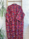 Pure Cotton Bagru Handprinted House Robe Summer Kimono | Floral Beach Coverup/Comfy Maternity Mom | Brick Red Beige Blue Mughal Garden