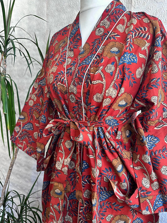 Pure Cotton Bagru Handprinted House Robe Summer Kimono | Floral Beach Coverup/Comfy Maternity Mom | Brick Red Beige Blue Mughal Garden