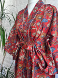 Pure Cotton Bagru Handprinted House Robe Summer Kimono | Floral Beach Coverup/Comfy Maternity Mom | Brick Red Beige Blue Mughal Garden