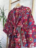 Pure Cotton Bagru Handprinted House Robe Summer Kimono | Floral Beach Coverup/Comfy Maternity Mom | Brick Red Beige Blue Mughal Garden