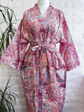 Pure Cotton Handprinted House Robe Tropical Kimono - Floral Rose Pink Peach Hibiscus Botanical Paradise Beach Coverup/Comfy Maternity