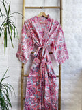 Pure Cotton Handprinted House Robe Tropical Kimono - Floral Rose Pink Peach Hibiscus Botanical Paradise Beach Coverup/Comfy Maternity