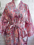 Pure Cotton Handprinted House Robe Tropical Kimono - Floral Rose Pink Peach Hibiscus Botanical Paradise Beach Coverup/Comfy Maternity