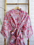 Pure Cotton Handprinted House Robe Tropical Kimono - Floral Rose Pink Peach Hibiscus Botanical Paradise Beach Coverup/Comfy Maternity