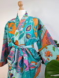 Pure Cotton Handprinted House Robe | Autumn Winter Christmas Kimono | Floral Coverup Maternity New Mom | Bright Aqua Orange Pink Abstract
