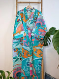 Pure Cotton Handprinted House Robe | Autumn Winter Christmas Kimono | Floral Coverup Maternity New Mom | Bright Aqua Orange Pink Abstract