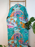 Pure Cotton Handprinted House Robe | Autumn Winter Christmas Kimono | Floral Coverup Maternity New Mom | Bright Aqua Orange Pink Abstract