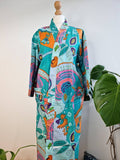 Pure Cotton Handprinted House Robe | Autumn Winter Christmas Kimono | Floral Coverup Maternity New Mom | Bright Aqua Orange Pink Abstract