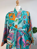 Pure Cotton Handprinted House Robe | Autumn Winter Christmas Kimono | Floral Coverup Maternity New Mom | Bright Aqua Orange Pink Abstract