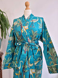 Pure Cotton Indian Block printed House Robe Summer Kimono | Floral Beach Coverup/Comfy Maternity | Spring Teal Turquoise Safari Animal Print