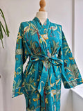 Pure Cotton Indian Block printed House Robe Summer Kimono | Floral Beach Coverup/Comfy Maternity | Spring Teal Turquoise Safari Animal Print
