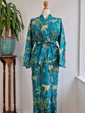 Pure Cotton Indian Block printed House Robe Summer Kimono | Floral Beach Coverup/Comfy Maternity | Spring Teal Turquoise Safari Animal Print