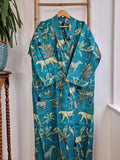 Pure Cotton Indian Block printed House Robe Summer Kimono | Floral Beach Coverup/Comfy Maternity | Spring Teal Turquoise Safari Animal Print
