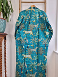 Pure Cotton Indian Block printed House Robe Summer Kimono | Floral Beach Coverup/Comfy Maternity | Spring Teal Turquoise Safari Animal Print