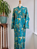 Pure Cotton Indian Block printed House Robe Summer Kimono | Floral Beach Coverup/Comfy Maternity | Spring Teal Turquoise Safari Animal Print