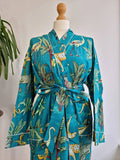 Pure Cotton Indian Block printed House Robe Summer Kimono | Floral Beach Coverup/Comfy Maternity | Spring Teal Turquoise Safari Animal Print