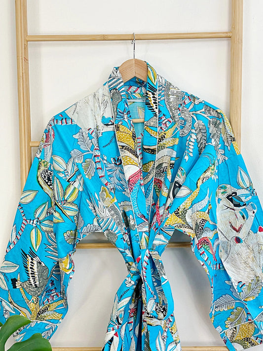 Men’s Cotton Block print House Robe Kimono - Turquoise Aqua Monkey Summer Crush Tropical Mania Jungle Animal Totem Magic