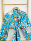 Men’s Cotton Block print House Robe Kimono - Turquoise Aqua Monkey Summer Crush Tropical Mania Jungle Animal Totem Magic