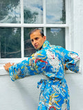 Men’s Cotton Block print House Robe Kimono - Turquoise Aqua Monkey Summer Crush Tropical Mania Jungle Animal Totem Magic