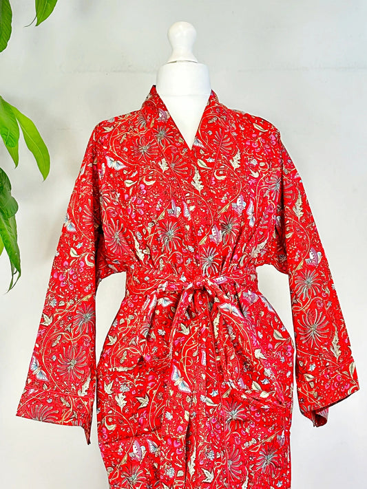 Pure Cotton Indian Block printed House Robe Summer Kimono | Floral Beach Coverup/Comfy Maternity Christmas Love Red Butterfly Exotic Magic
