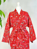 Pure Cotton Indian Block printed House Robe Summer Kimono | Floral Beach Coverup/Comfy Maternity Christmas Love Red Butterfly Exotic Magic