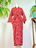 Pure Cotton Indian Block printed House Robe Summer Kimono | Floral Beach Coverup/Comfy Maternity Christmas Love Red Butterfly Exotic Magic