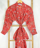 Pure Cotton Indian Block printed House Robe Summer Kimono | Floral Beach Coverup/Comfy Maternity Christmas Love Red Butterfly Exotic Magic