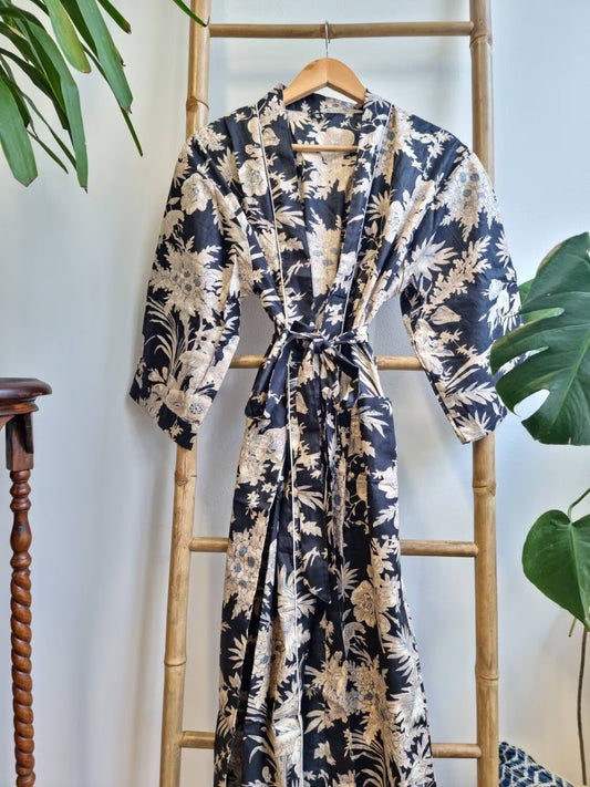 Pure Cotton Kimono- Black Bloom Leaves