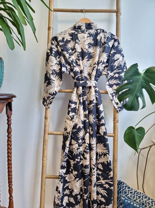 Pure Cotton Kimono- Black Bloom Leaves