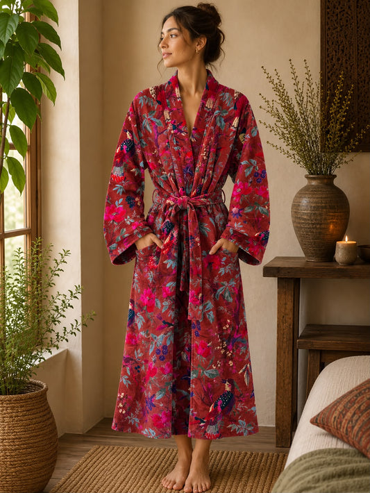 Luxury Velvet House Robe Unisex Kimono exotic Floral purple paradise