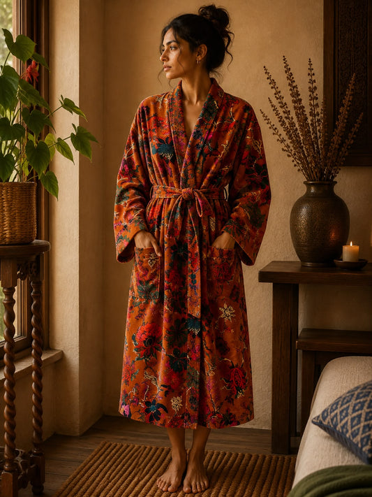 Luxury Velvet House Robe Unisex Kimono Elegant Fire Orange Passion