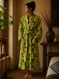 Luxury Velvet House Robe Unisex Kimono Yellow Green Forest Leaves