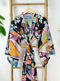 Men’s Cotton Block print House Dressing Robe Kimono - Bohemian Quirky Black Orange Aqua Abstract Magic | Holiday Spa Boho Style