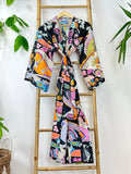 Men’s Cotton Block print House Dressing Robe Kimono - Bohemian Quirky Black Orange Aqua Abstract Magic | Holiday Spa Boho Style